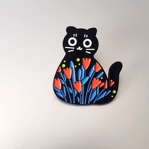 Hippie Cat Brooch Black with Flowers BRG